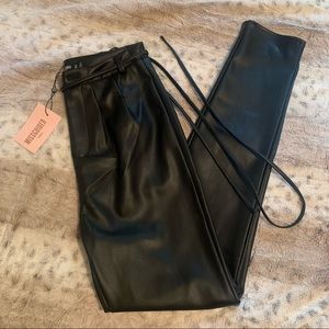 Tall Black Tie Detail Faux Leather Cigarette Pants